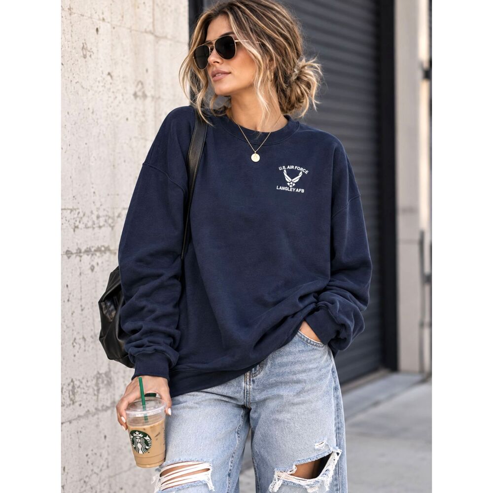 Vintage Y2K Gildan USAF Air Force Langley AFB Navy Blue Crewneck Sweatshirt XL